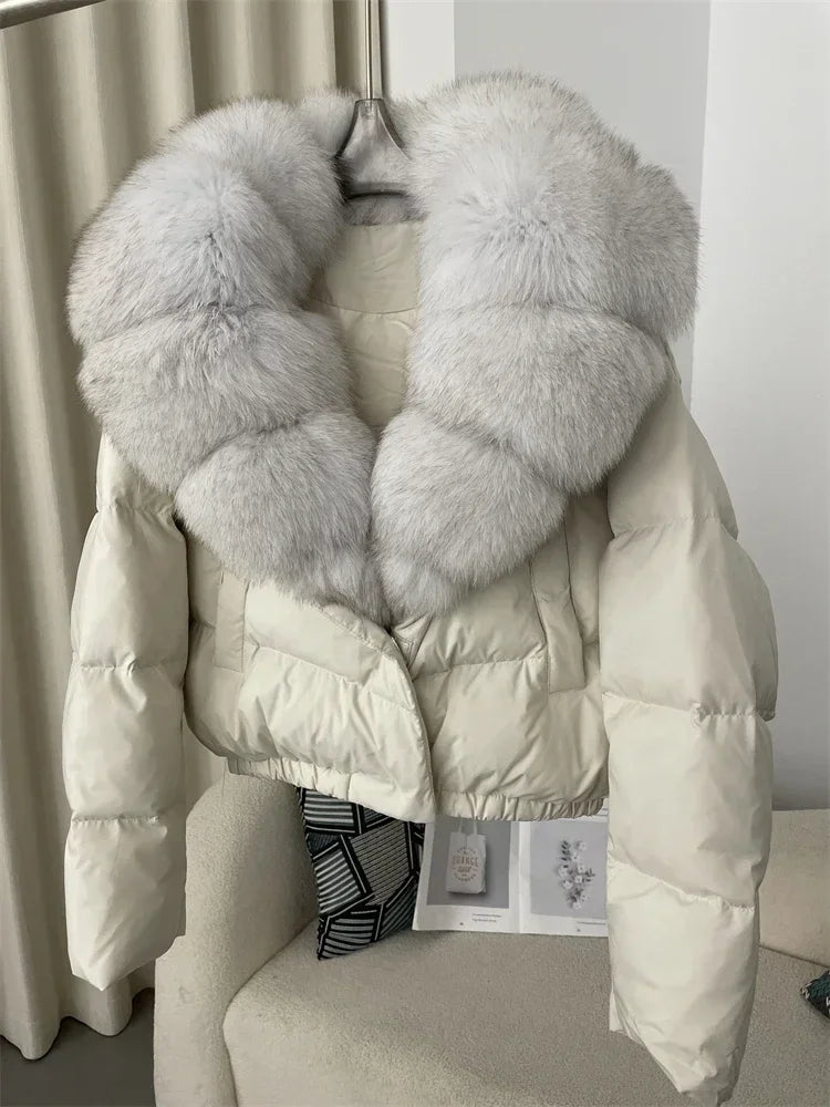 Luxury Women's Short Puffer Jacket with Natural Fox Fur Collar