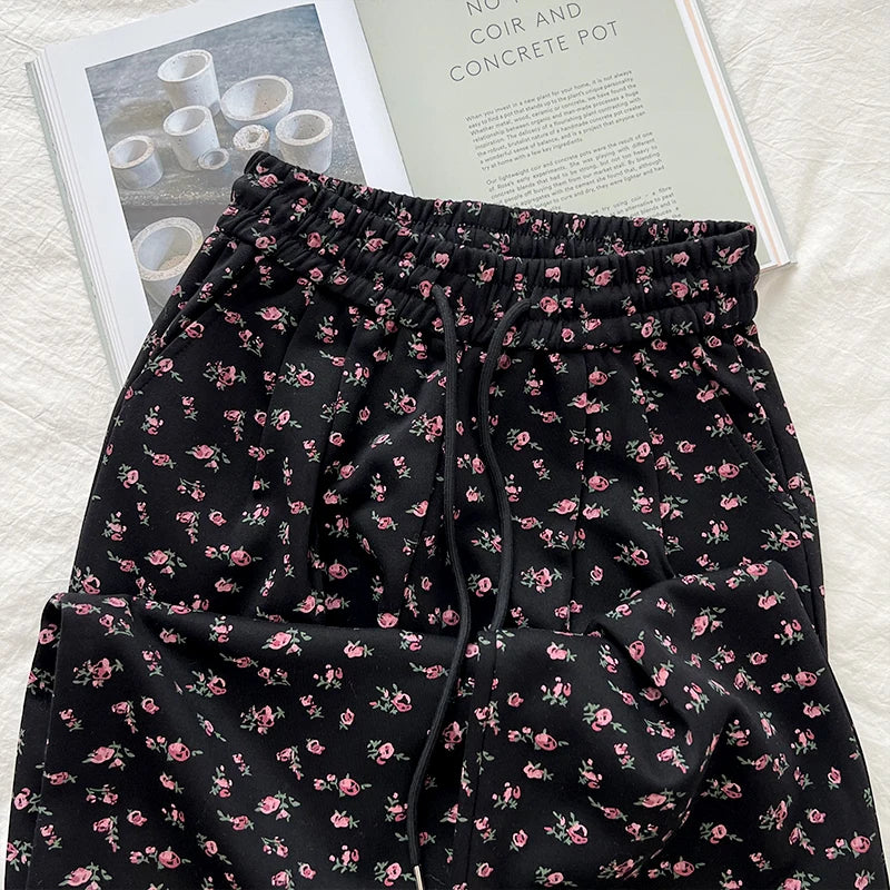 American High Street Sle Loose Fit Floral Wide Leg Casual Pants Elastic Waist Drapey Long Trousers for Women