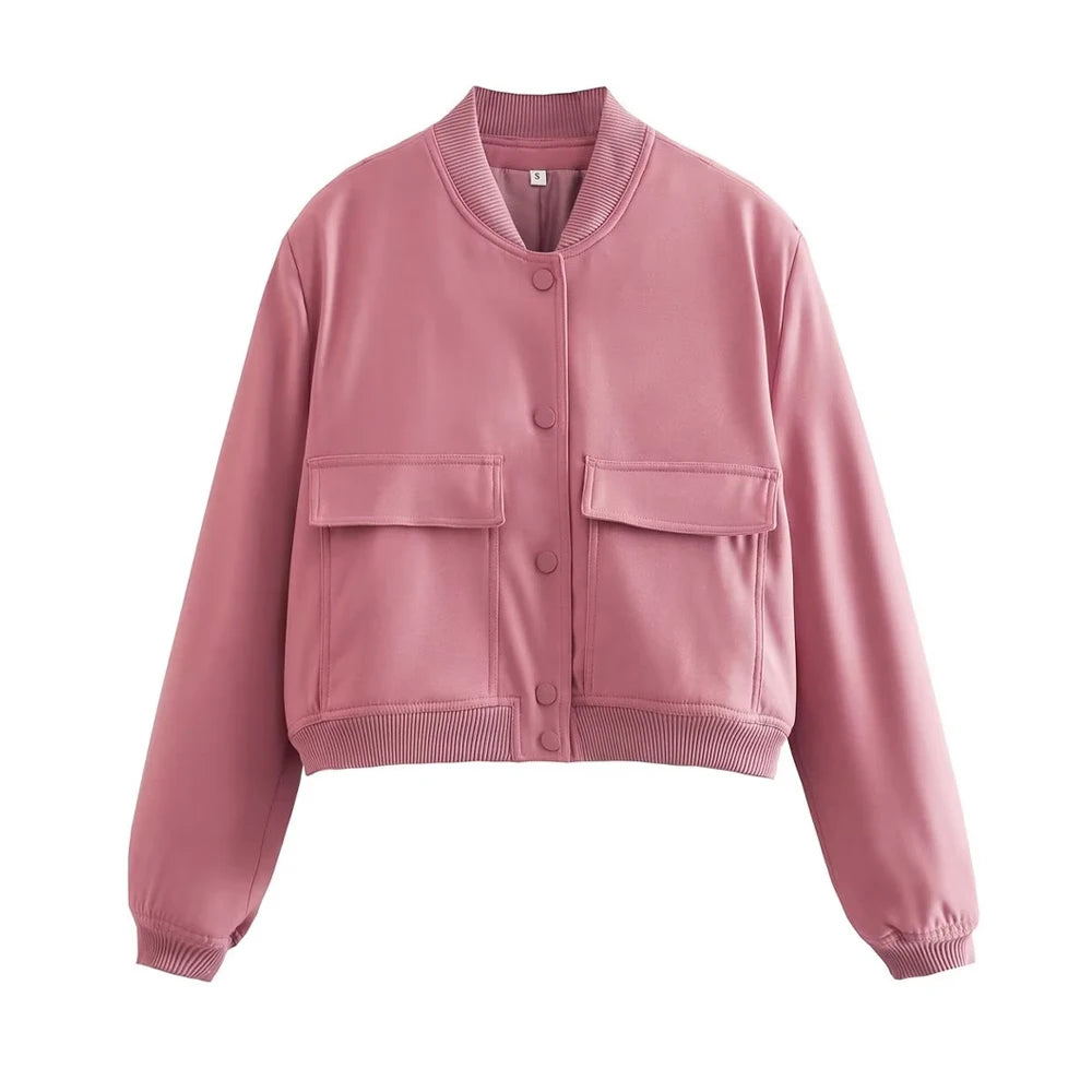 Women's Classic Button-Front Bomber Jacket with Pockets