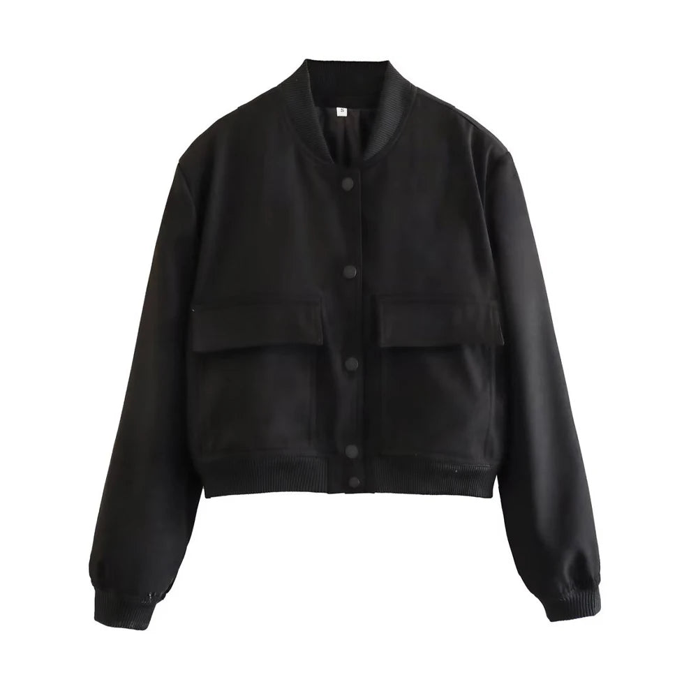 Women's Classic Button-Front Bomber Jacket with Pockets