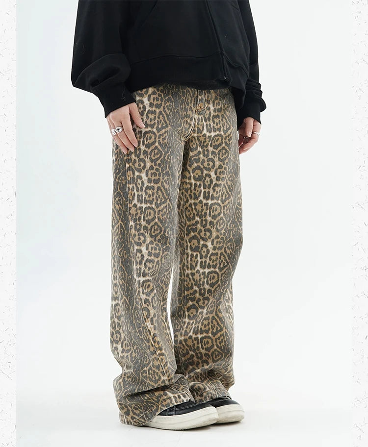 High-Waist Vintage Leopard Print Denim Jeans