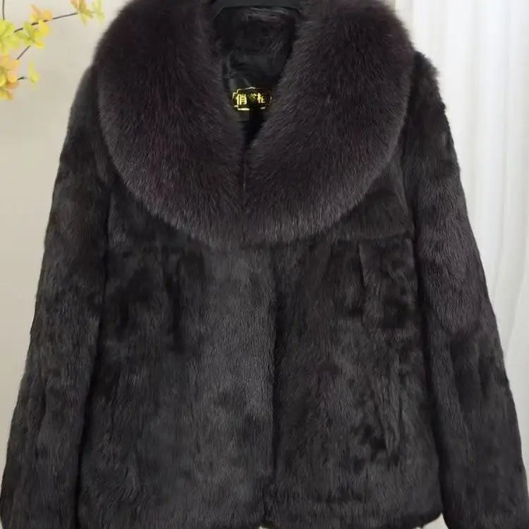 Luxury Real Rex Rabbit Fur Coat with Fox Fur Collar
