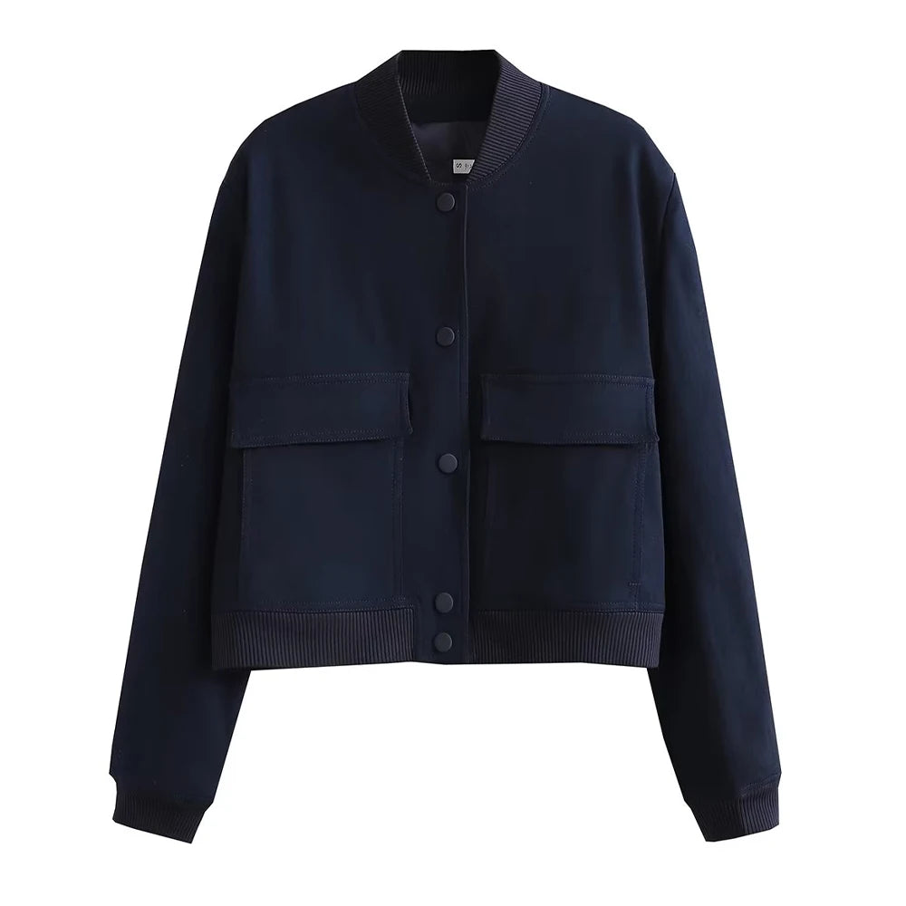 Women's Classic Button-Front Bomber Jacket with Pockets