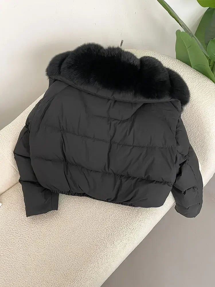 Luxury Women's Short Puffer Jacket with Natural Fox Fur Collar