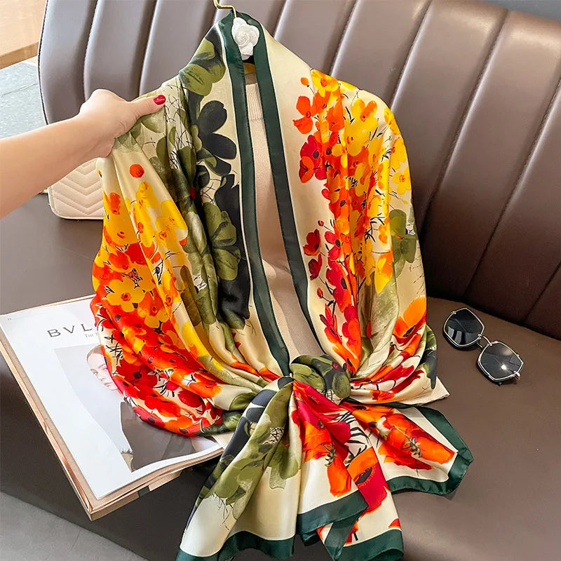 180x90 Cm Large Silk Soft Scarf Women Stylish Print Long Shawl Handkerchief Summer Elegant Travel Wrap Hot