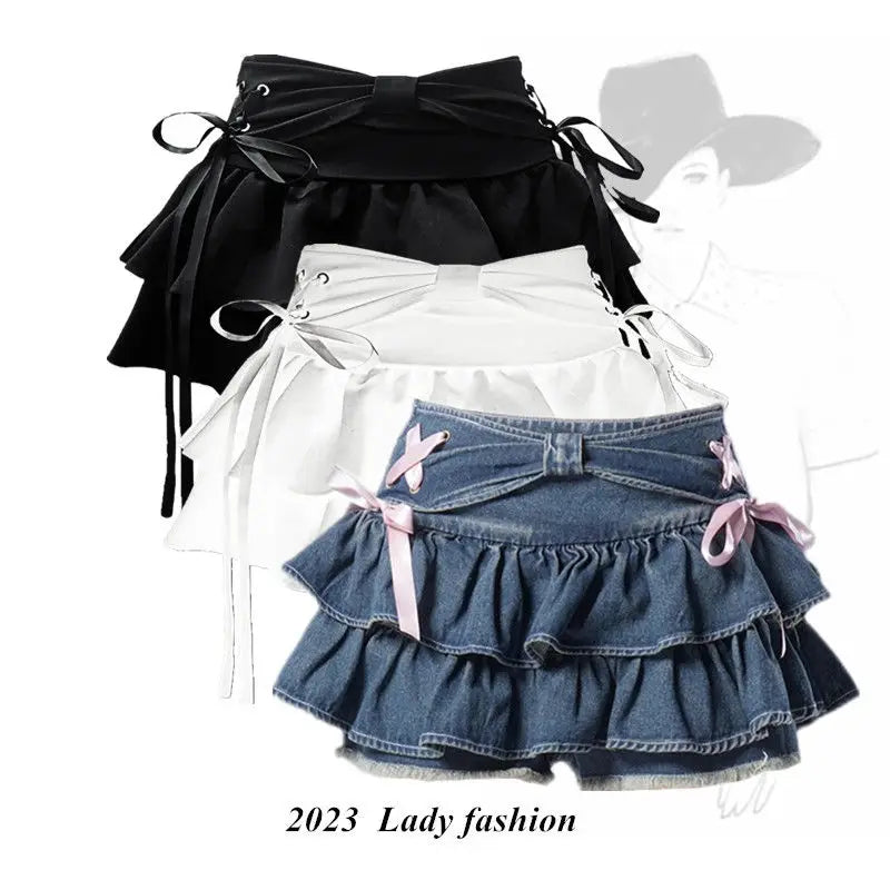 High-Waist A-Line Mini Denim Skirt with Bow Detail