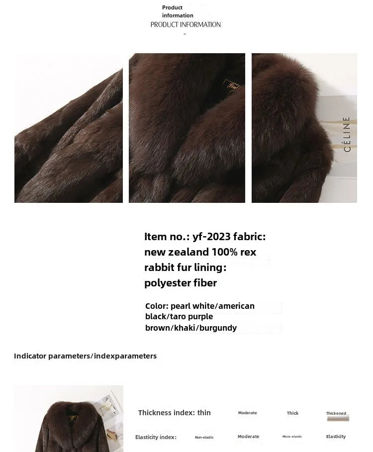 Luxury Real Rex Rabbit Fur Coat with Fox Fur Collar