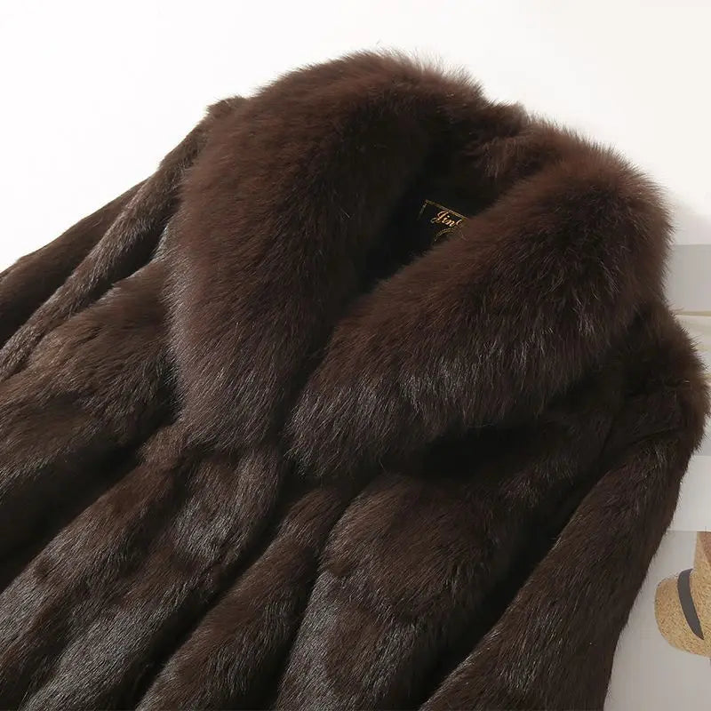 Luxury Real Rex Rabbit Fur Coat with Fox Fur Collar