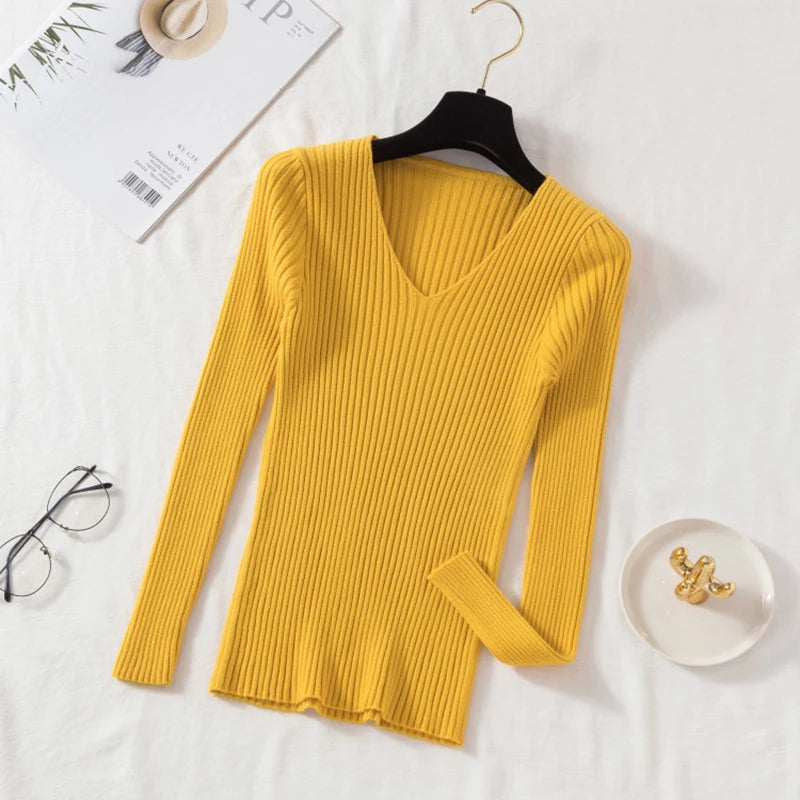 Women's Long Sleeve Knitted V Neck Pullover Sweater