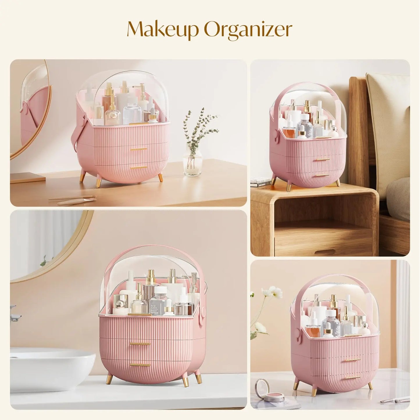 Makeup Organizer With Lid Skincare Organizer with 2 Drawers Cosmetic Display Case for Vanity Bathroom Countertop Storage Pink
