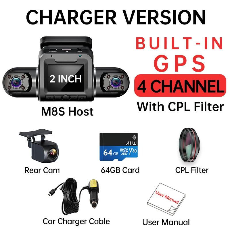 TiESFONG 360 4CH GPS Dash Cam M8S 4*1080P for Car WiFi Video Recorder IR Night Vision Support 24H Parking Monitor(64GB Card)