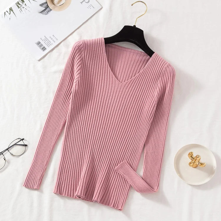 Women's Long Sleeve Knitted V Neck Pullover Sweater