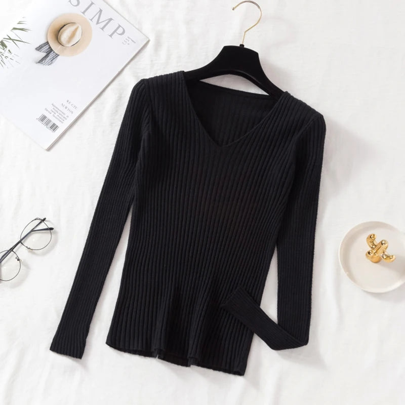 Women's Long Sleeve Knitted V Neck Pullover Sweater