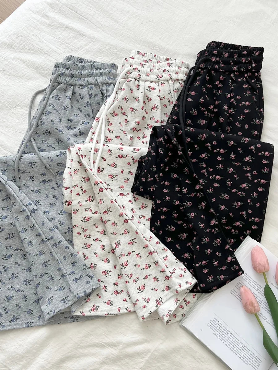 American High Street Sle Loose Fit Floral Wide Leg Casual Pants Elastic Waist Drapey Long Trousers for Women