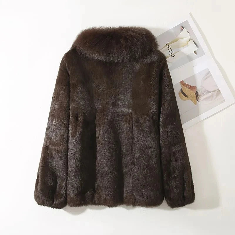 Luxury Real Rex Rabbit Fur Coat with Fox Fur Collar