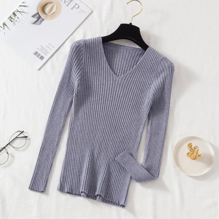 Women's Long Sleeve Knitted V Neck Pullover Sweater