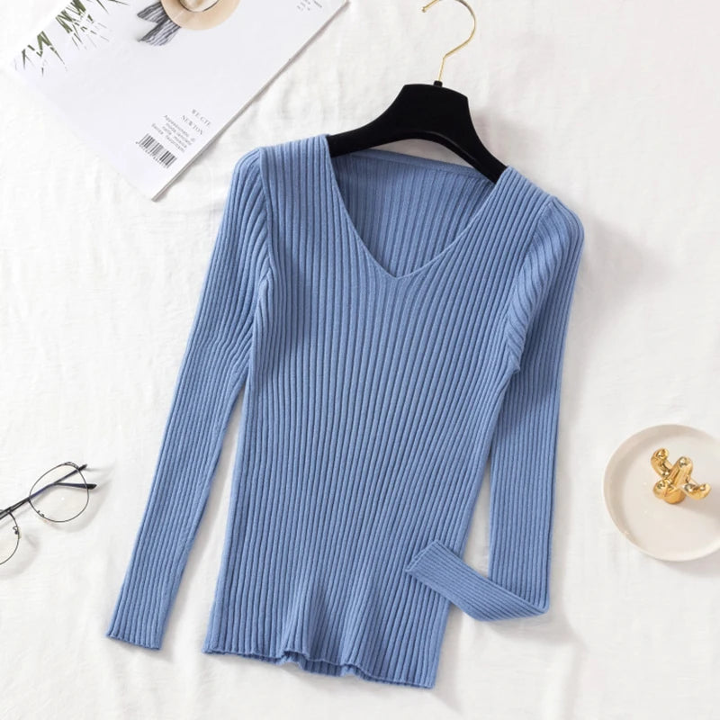 Women's Long Sleeve Knitted V Neck Pullover Sweater