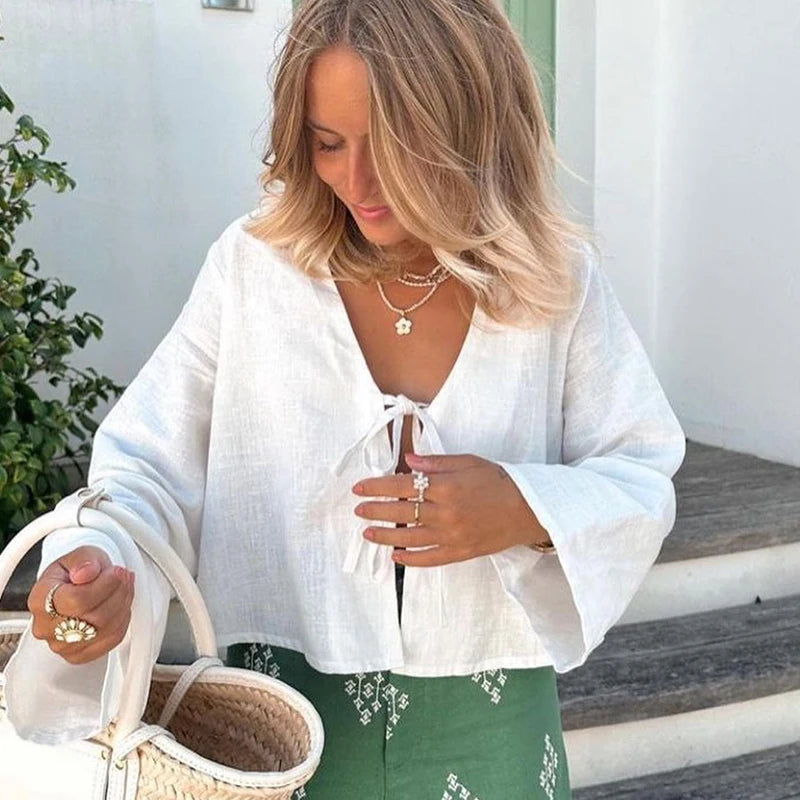 Elegant V-Neck Cotton Linen Blouse