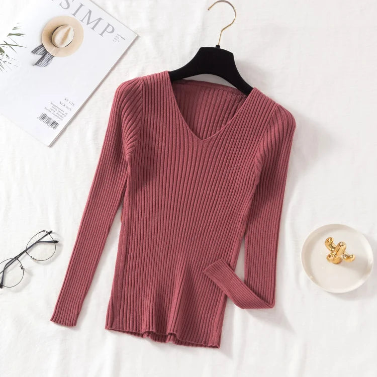 Women's Long Sleeve Knitted V Neck Pullover Sweater