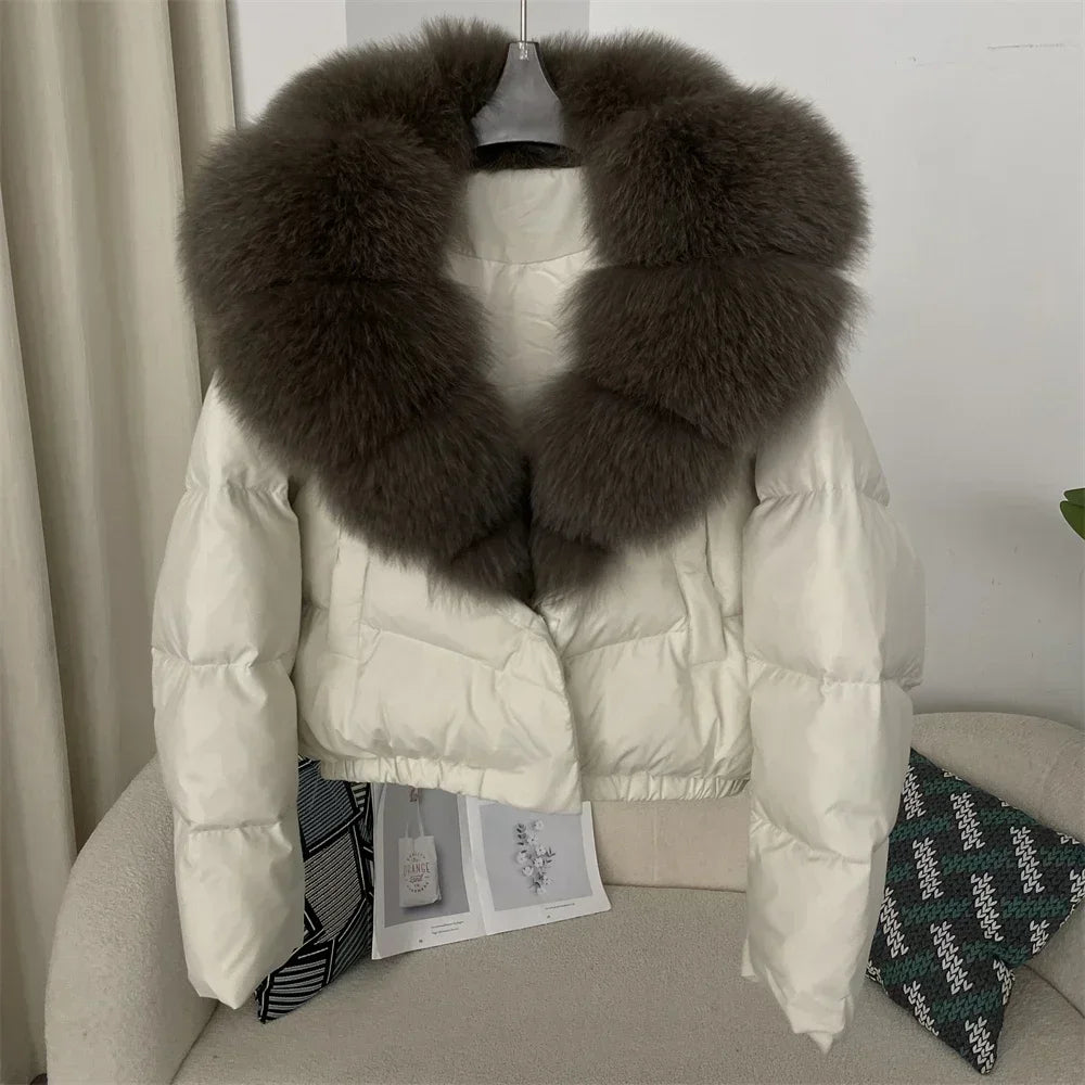 Luxury Women's Short Puffer Jacket with Natural Fox Fur Collar