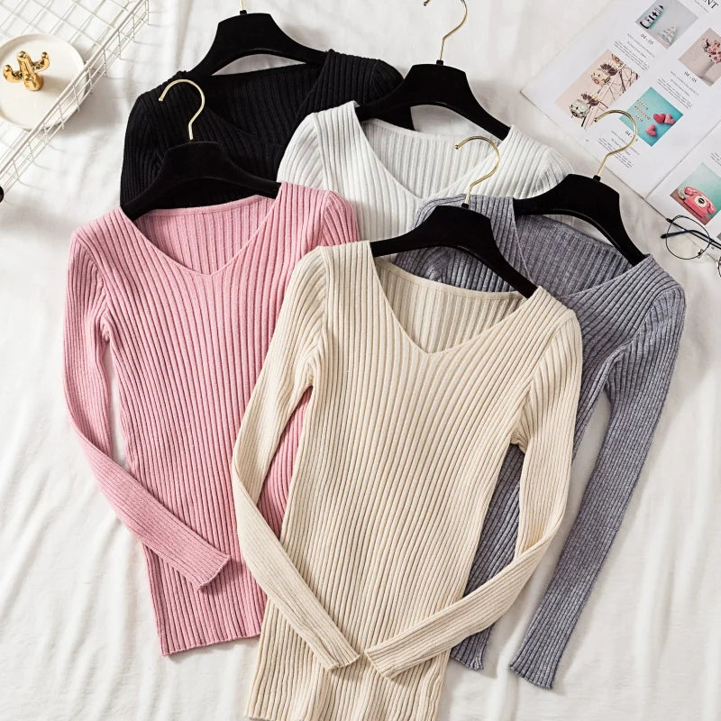 Women's Long Sleeve Knitted V Neck Pullover Sweater