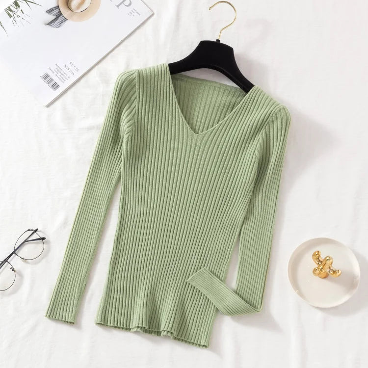 Women's Long Sleeve Knitted V Neck Pullover Sweater