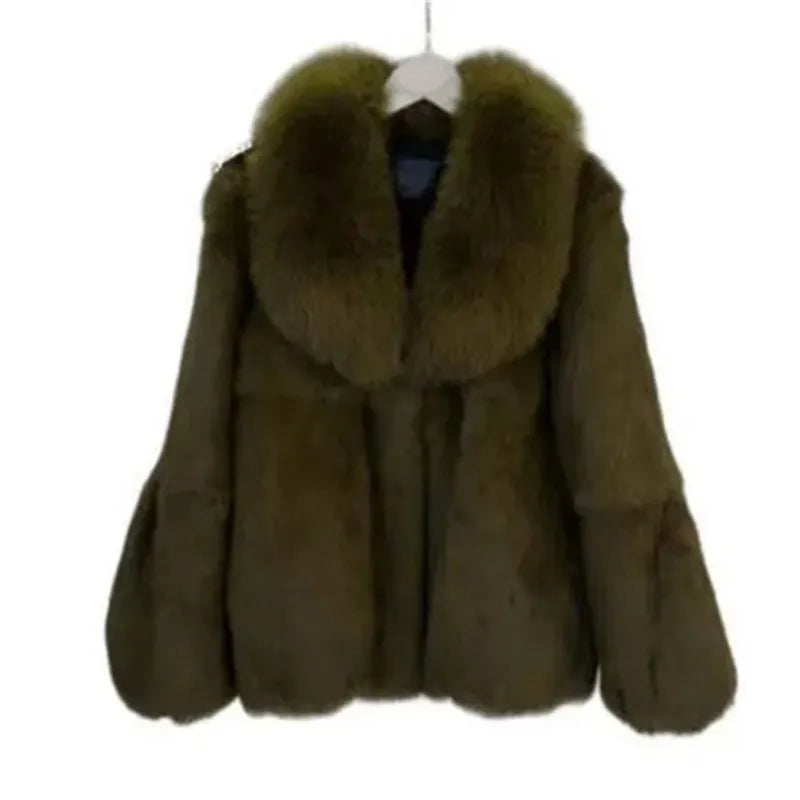 Luxury Real Rex Rabbit Fur Coat with Fox Fur Collar