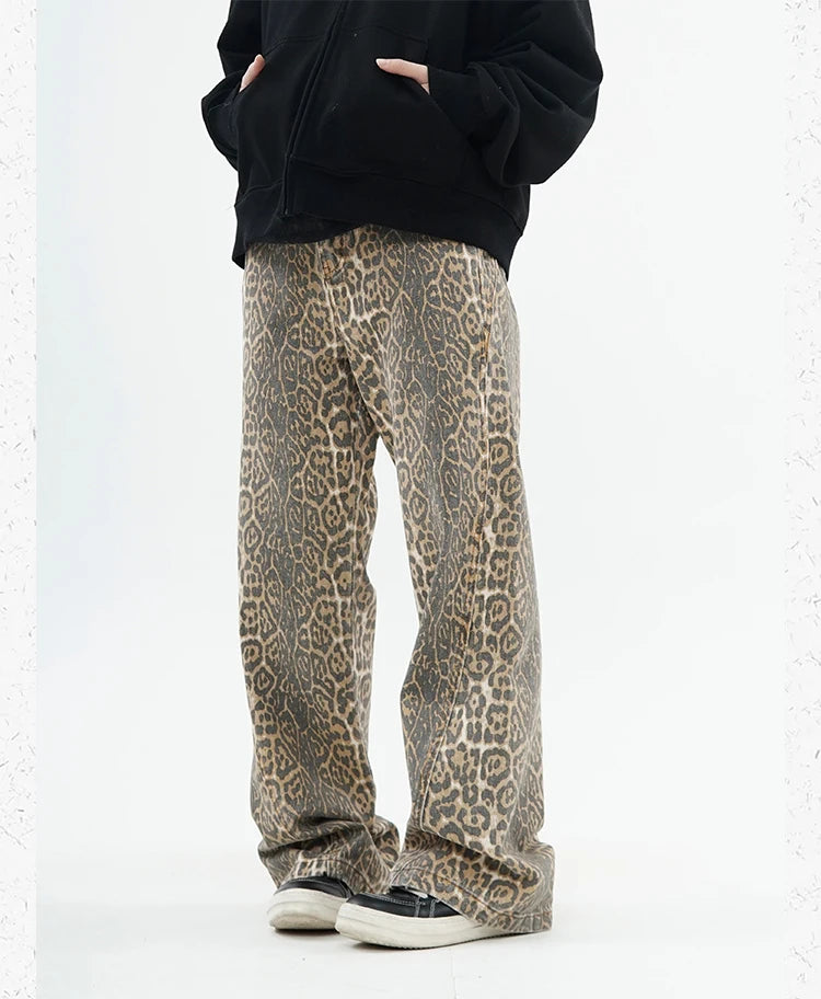 High-Waist Vintage Leopard Print Denim Jeans