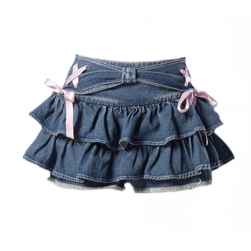 High-Waist A-Line Mini Denim Skirt with Bow Detail