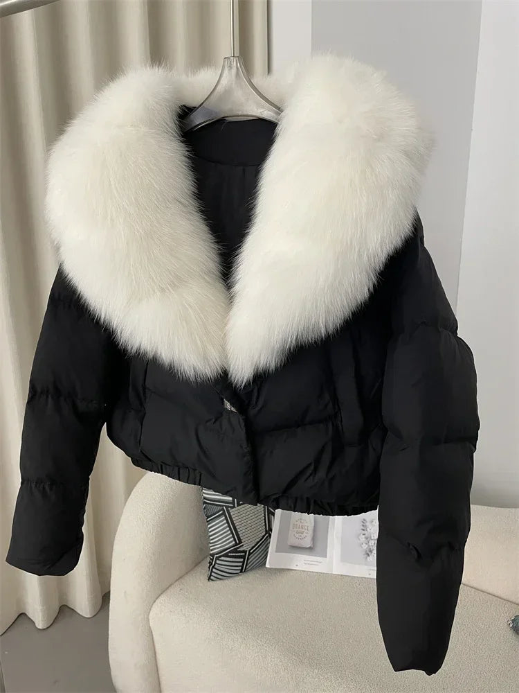 Luxury Women's Short Puffer Jacket with Natural Fox Fur Collar