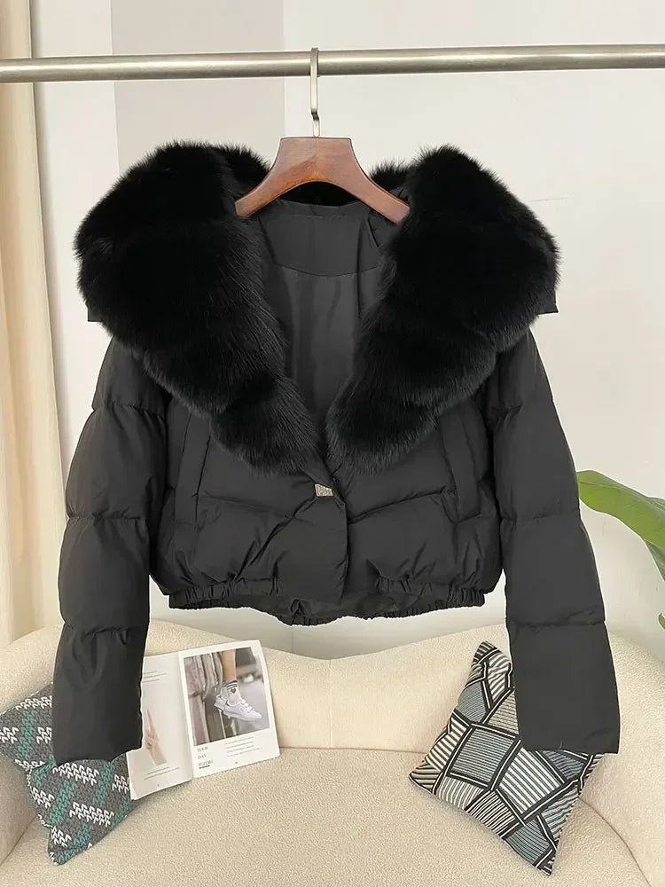 Luxury Women's Short Puffer Jacket with Natural Fox Fur Collar