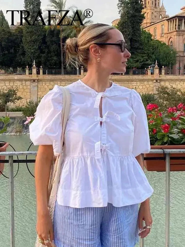 Women's Lace-Up Puff Sleeve Blouse
