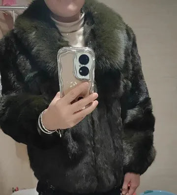 Luxury Real Rex Rabbit Fur Coat with Fox Fur Collar