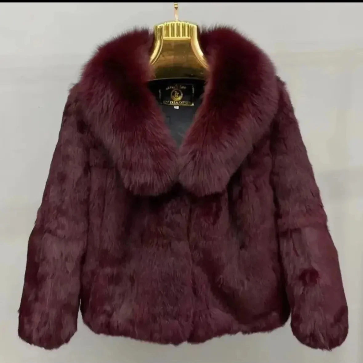 Luxury Real Rex Rabbit Fur Coat with Fox Fur Collar