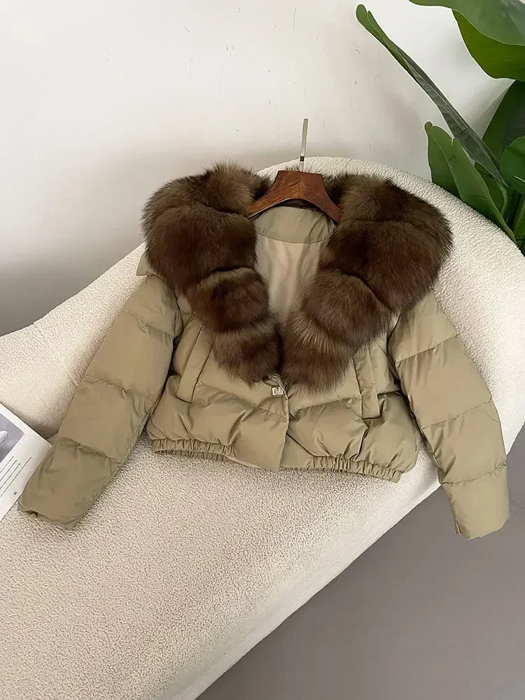 Luxury Women's Short Puffer Jacket with Natural Fox Fur Collar