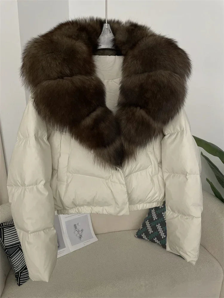 Luxury Women's Short Puffer Jacket with Natural Fox Fur Collar