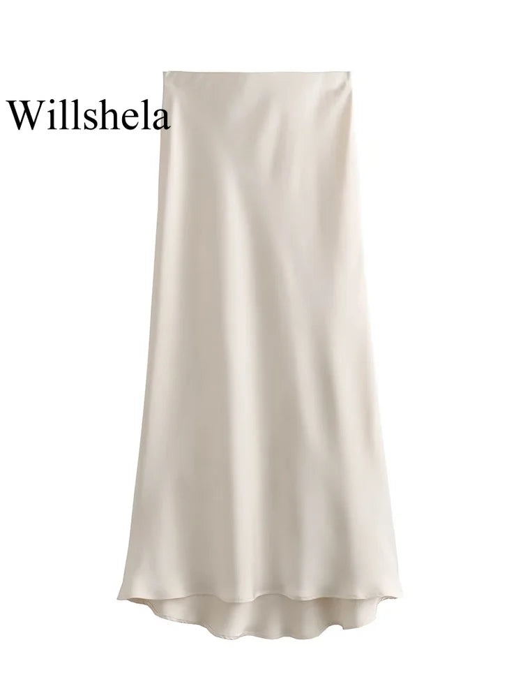 Elegant Satin Solid Pleated Midi Skirt