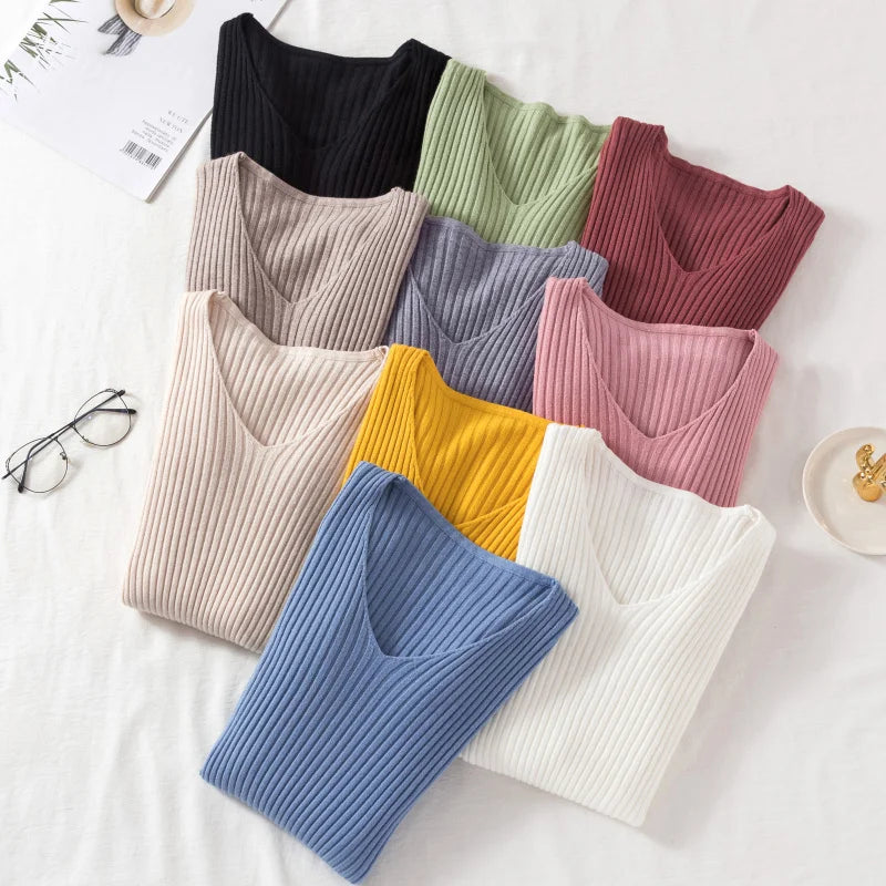 Women's Long Sleeve Knitted V Neck Pullover Sweater