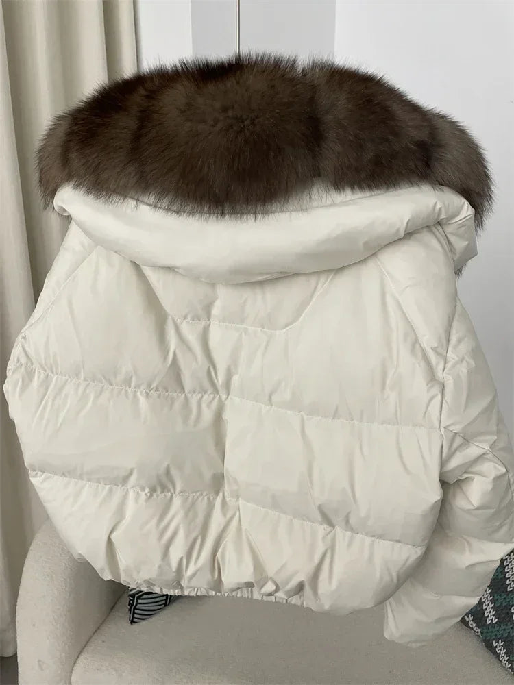 Luxury Women's Short Puffer Jacket with Natural Fox Fur Collar