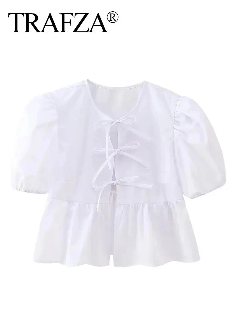 Women's Lace-Up Puff Sleeve Blouse