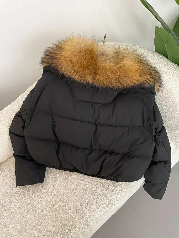 Luxury Women's Short Puffer Jacket with Natural Fox Fur Collar