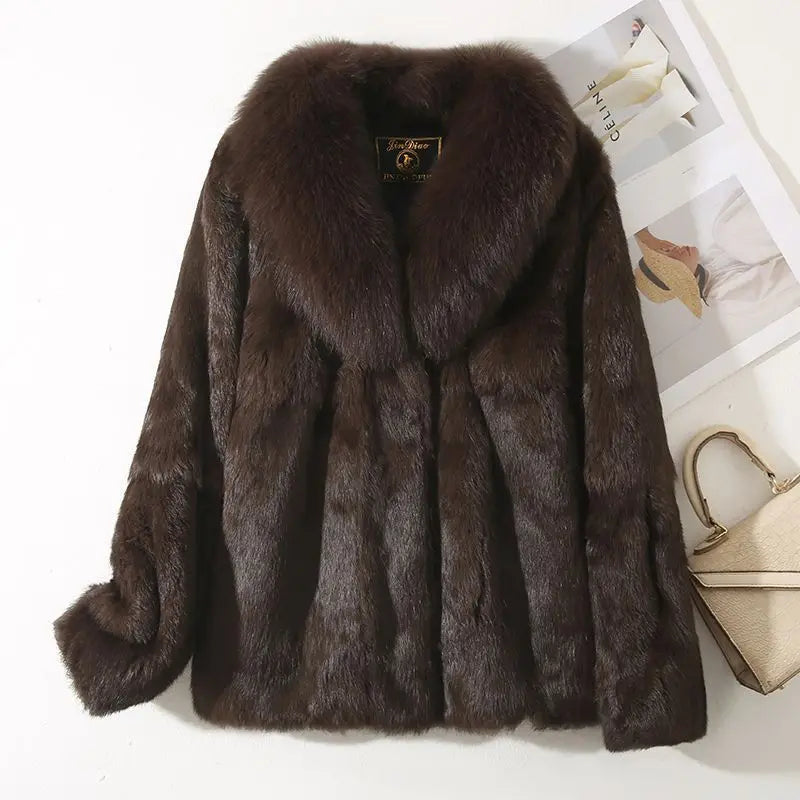 Luxury Real Rex Rabbit Fur Coat with Fox Fur Collar