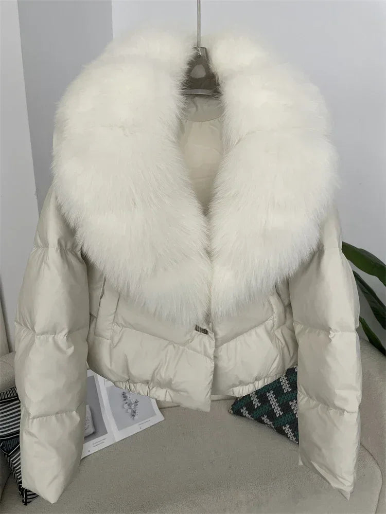 Luxury Women's Short Puffer Jacket with Natural Fox Fur Collar