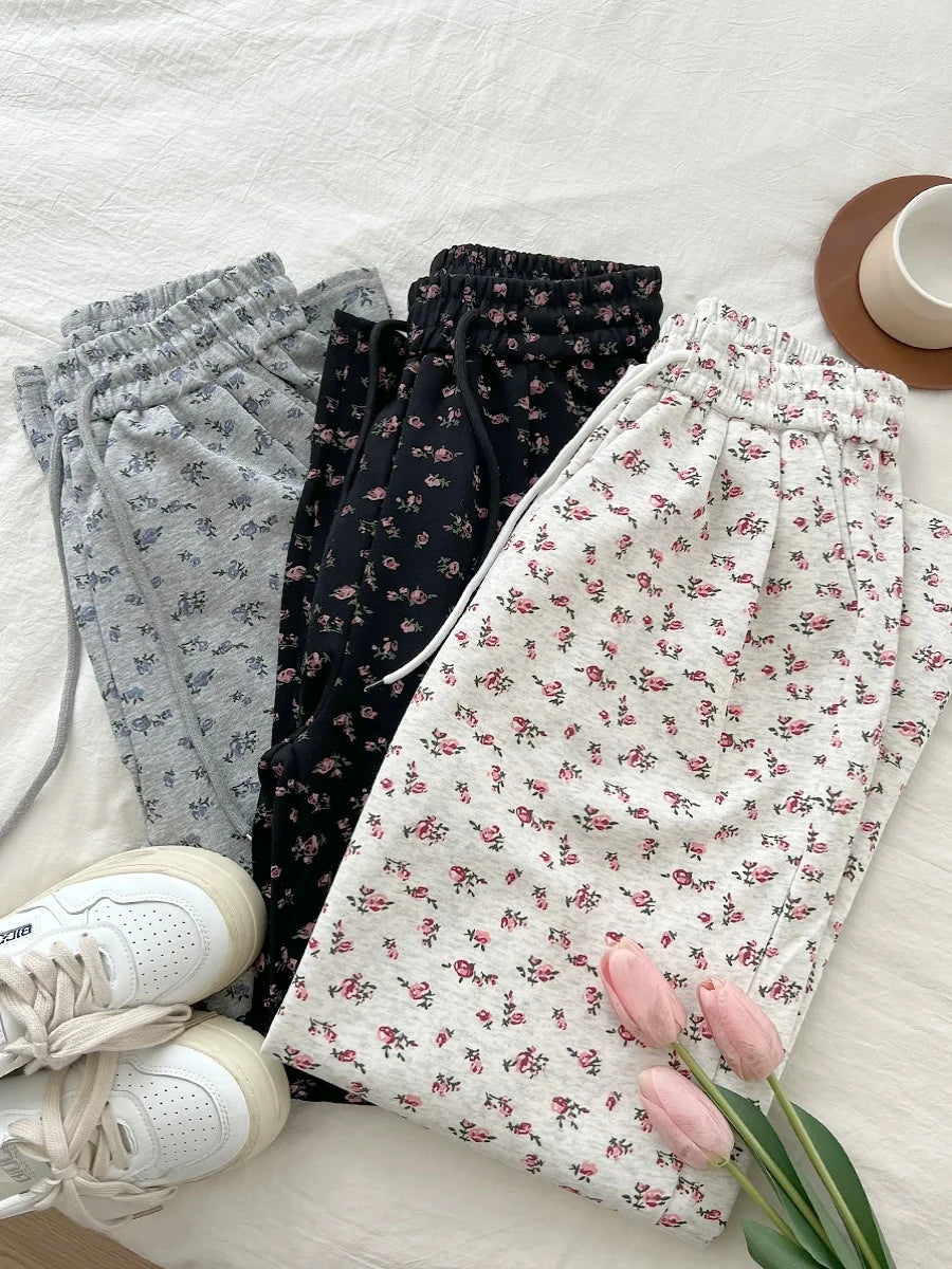 American High Street Sle Loose Fit Floral Wide Leg Casual Pants Elastic Waist Drapey Long Trousers for Women