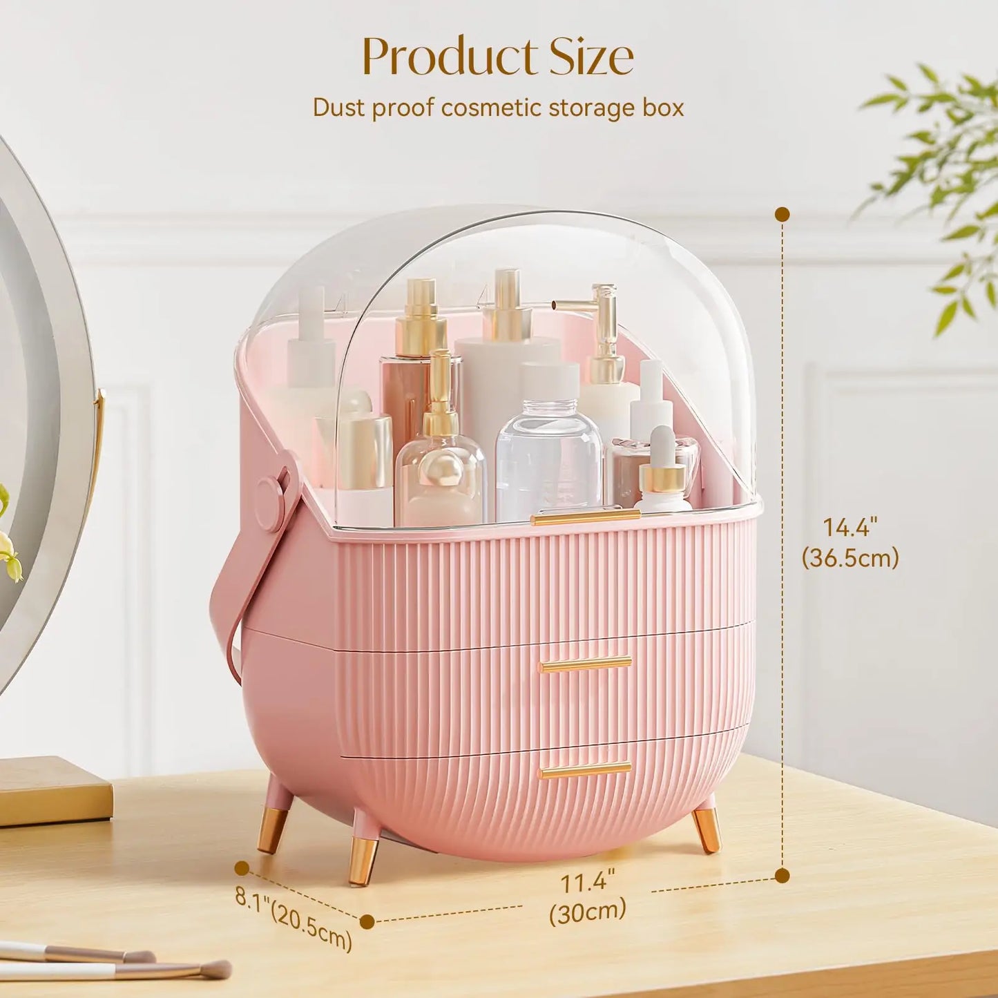Makeup Organizer With Lid Skincare Organizer with 2 Drawers Cosmetic Display Case for Vanity Bathroom Countertop Storage Pink