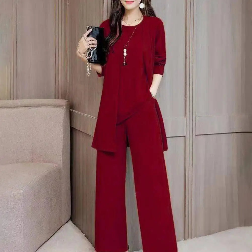 Trendy Irregular Hem Comfortable Vest Top Wide Leg Pants Mid-length Coat Set Breathable Loose Outfit Daily Clothing