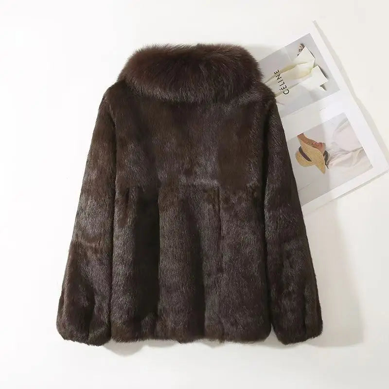 Luxury Real Rex Rabbit Fur Coat with Fox Fur Collar
