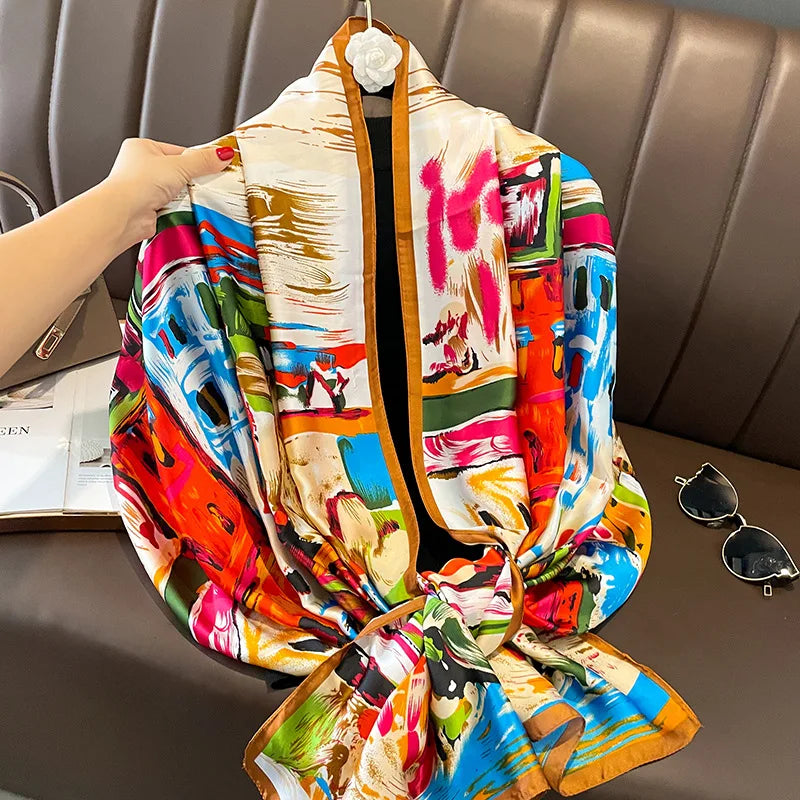 180x90 Cm Large Silk Soft Scarf Women Stylish Print Long Shawl Handkerchief Summer Elegant Travel Wrap Hot