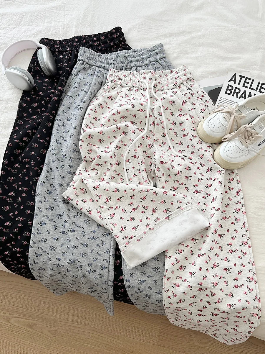 American High Street Sle Loose Fit Floral Wide Leg Casual Pants Elastic Waist Drapey Long Trousers for Women