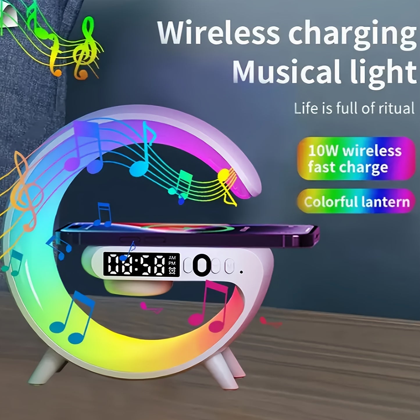 G63 Atmosphere Bedside Lamp - Color-Changing Ambient Lighting, High-Quality Audio Streaming, Convenient Phone Charging, Simulated Sunrise Wake-Up Light, Synchronized Music Beat Lighting - Wireless Speaker with Smartphone Char